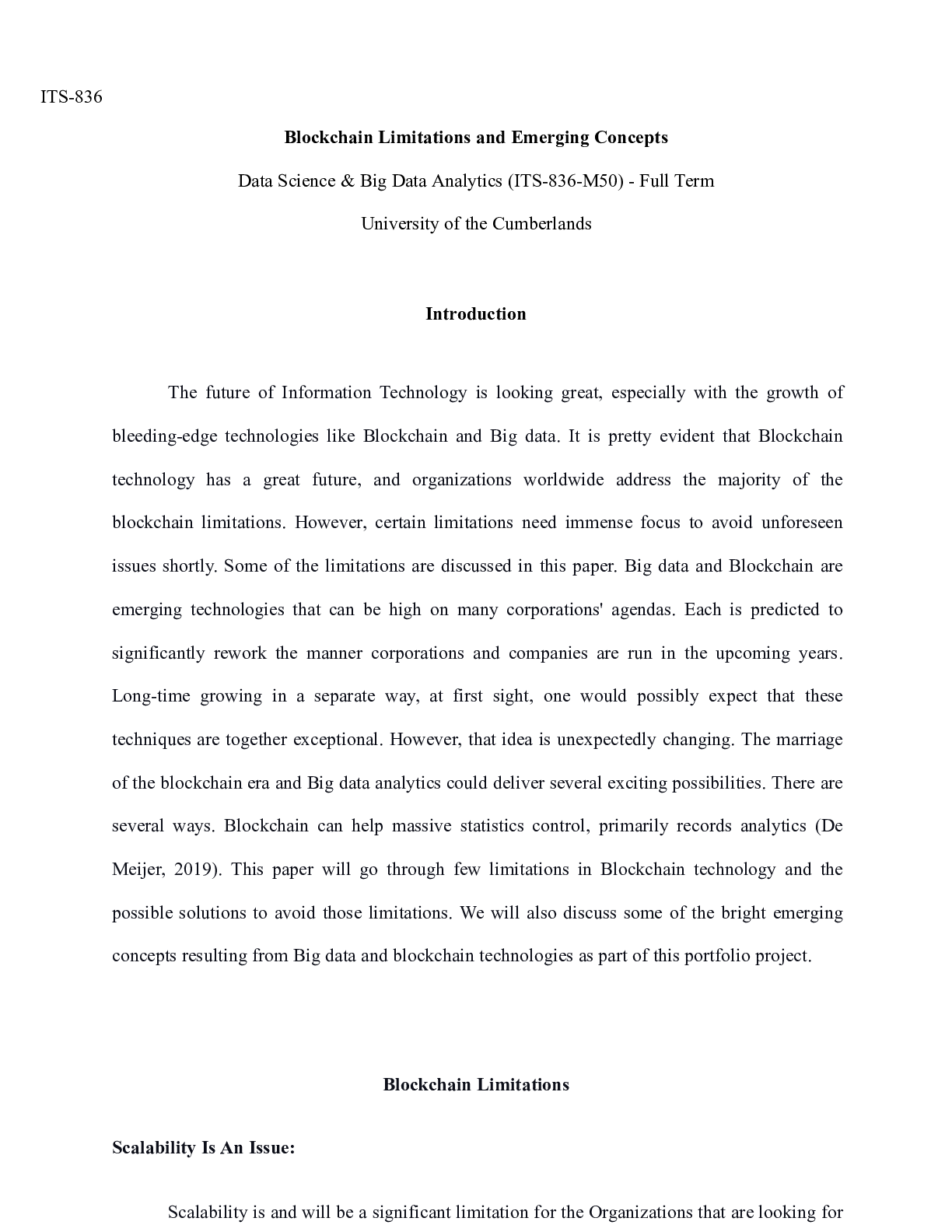 Preview of Week14 15 FinalPortfolio Project.docx     ITS-836  Blockchain Limitations and Emerging Con
